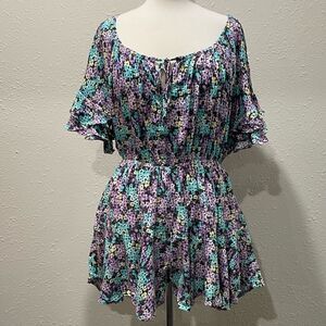 White Birch Floral Ruffle Sleeve Romper Medium